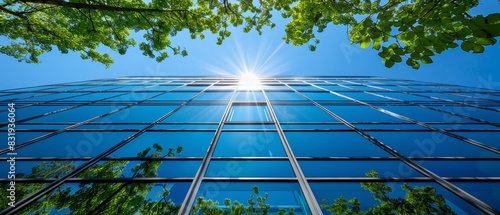 Fototapeta Naklejka Na Ścianę i Meble -  Modern glass facade of a corporate building reflecting blue sky and sunshine, framed by tree branches, representing sustainability and urban life.
