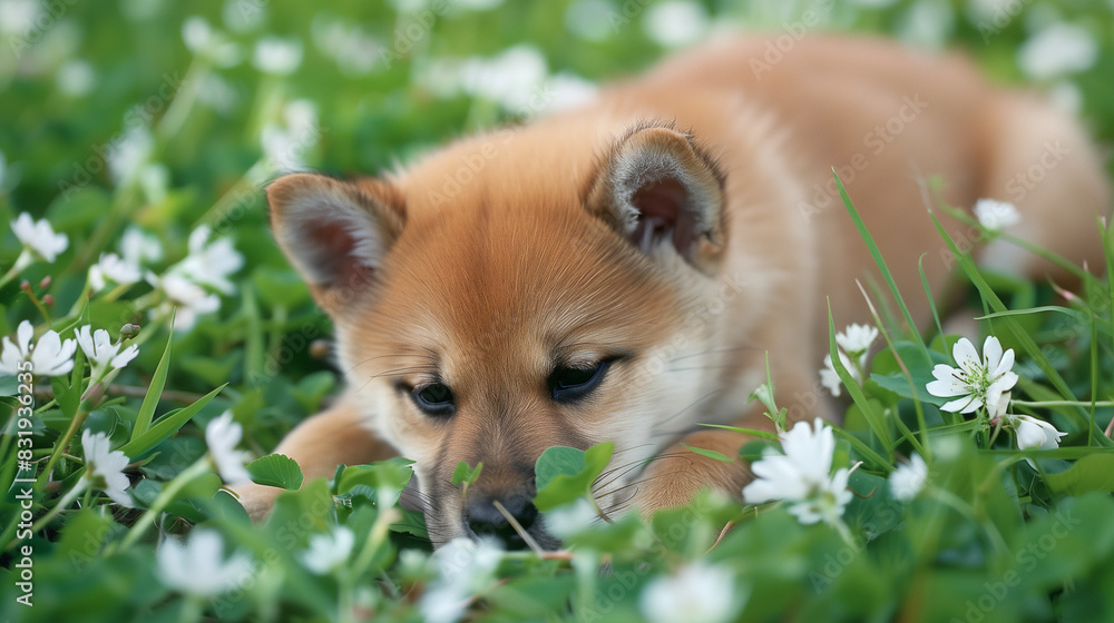 芝生でくつろぐ子犬