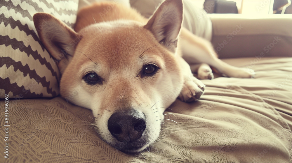 ソファでくつろぐ芝犬の子犬 ソファでくつろぐ芝犬の子犬