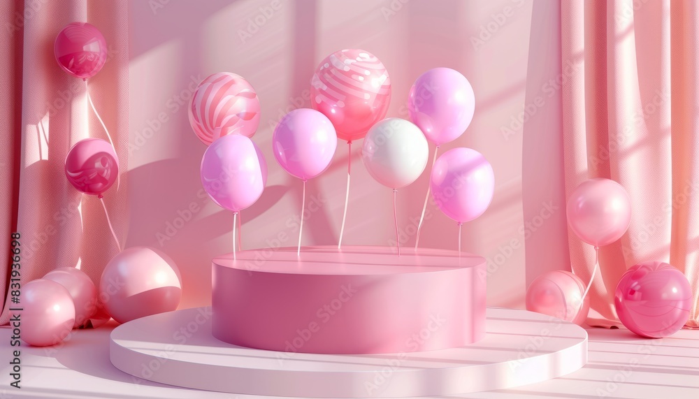 A soft pink podium with balloons, creating a pastel-themed setting for birthday or mother's day celebrations, emphasizing joy and festivity. A soft pink podium with balloons, creating a pastel-themed setting for birthday or mother's day celebrations, emphasizing joy and festivity.