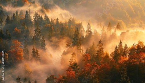 An enchanting depiction of mystical autumn fog in Germany's Black Forest, capturing the serene beauty of autumnal trees and rising fog in a breathtaking landscape