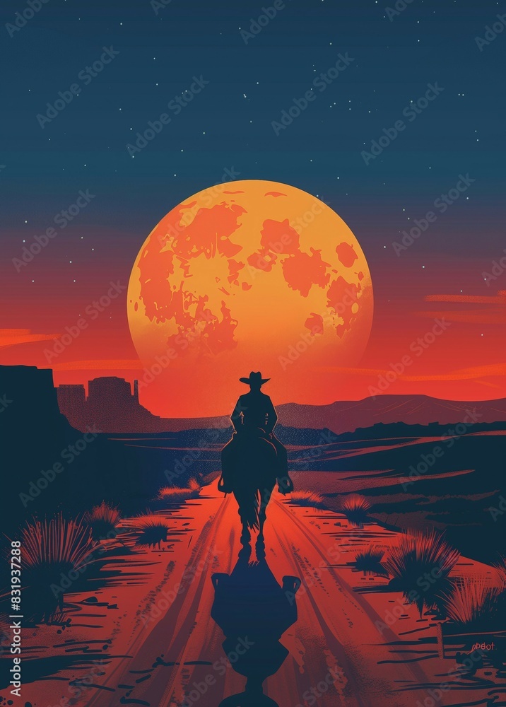 Cowboy silhouette riding on horseback under the moon,vintage western style poster,web banner. Cowboy silhouette riding on horseback under the moon,vintage western style poster,web banner.