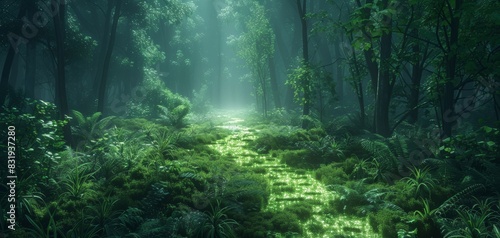 Lush green forest path with sunlight shining through trees  creating a mystical and serene atmosphere in nature.