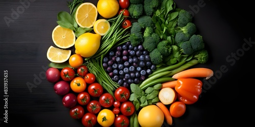 Vibrant Display of Fruits and Vegetables in Circle on Dark Background. Concept Food Styling  Circular Composition  Dark Background  Vibrant Colors