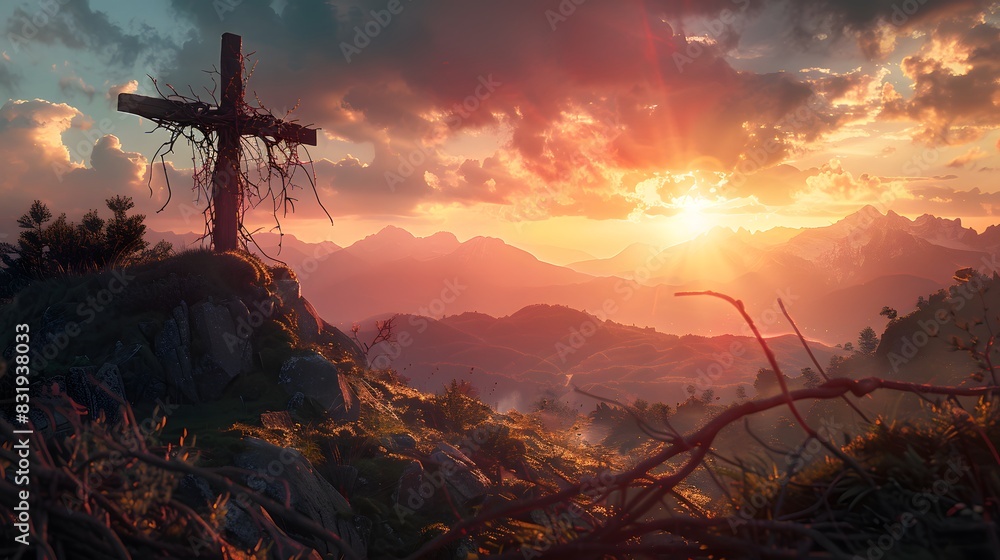 Obraz premium Crucifixion Of Jesus Christ - Cross At Sunset