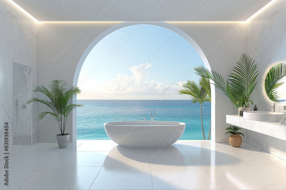 Fototapeta premium Luxurious bathroom with a white freestanding bathtub, ocean view, and tropical plants, creating a serene and tropical retreat