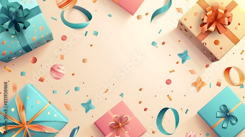 Festive Happy Birthday Greeting Card Design with Ribbon and Gift Boxes Vector Illustration