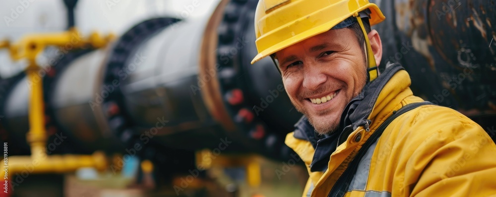 Smiling male construction worker in safety gear at a pipeline construction site Smiling male construction worker in safety gear at a pipeline construction site