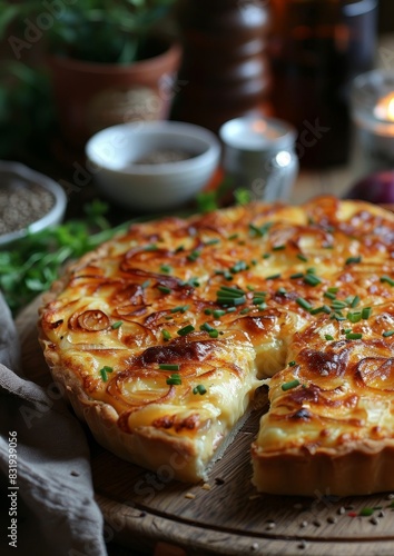 Zwiebelkuchen - Onion tart with a custard filling and caraway seeds. photo