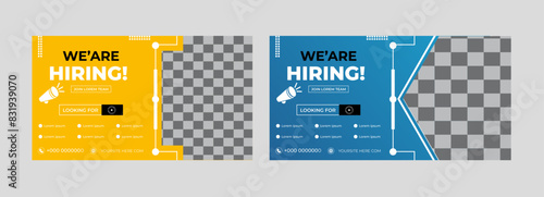 we are hiring job social media post clean banner template design with red and blue color . social media hiring post vacancy recruitment web banner design