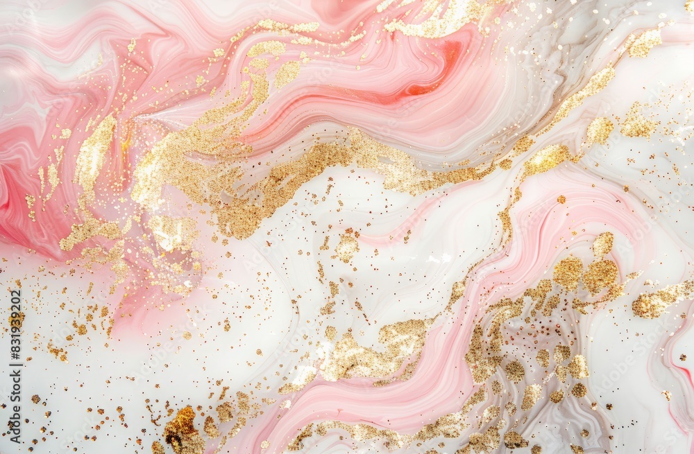 A white background with pink and gold glitter swirls in the center, featuring an abstract pattern of marble and liquid textures.