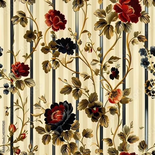 Pattern of stripes and flowers in the style of wallpaper and upholstery fabrics in the 19th century. Repeatable Pattern.