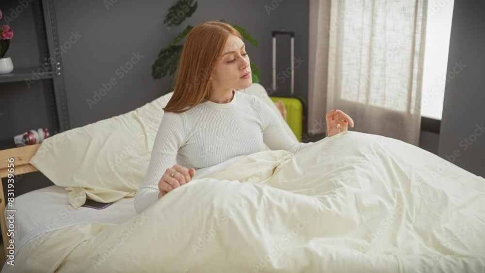 A surprised young redhead woman waking up and checking her phone in a cozy bedroom setting A surprised young redhead woman waking up and checking her phone in a cozy bedroom setting