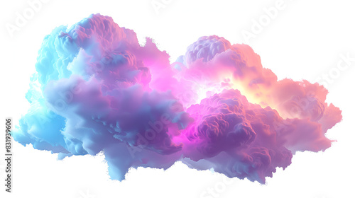 A Whimsical Vision, 3D Render of a Fantasy Cloud Illuminated by Colorful Neon Lights on White background, cotton like clouds glowing with neon lights on white