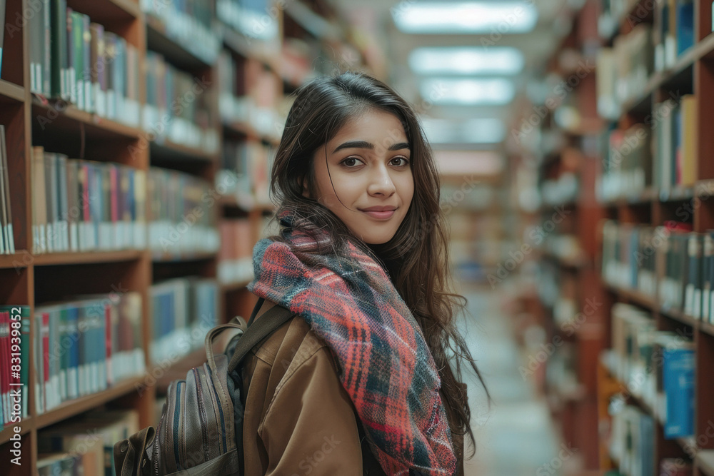 young girl standing at public library