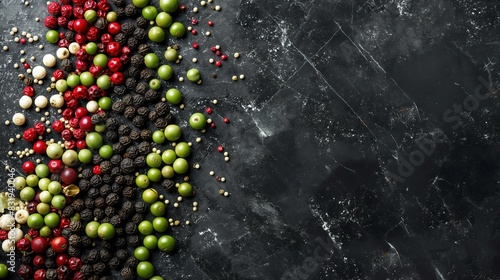 black, red, green and white peppercorns on black marble background. copy space, place for text photo
