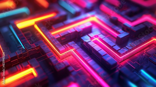 Futuristic neon lit circuit board texture with vibrant, glowing lines. Abstract technology background in vivid colors.