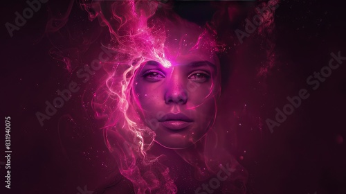 A portrait of a girl with a magenta magic wand, surrounded by a magenta aura that softly illuminates her face, set against a dark maroon background.