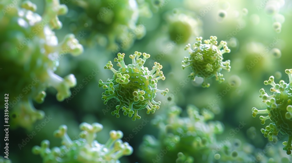 A high-resolution micrograph of virus particle. The image should be in green tone, with the spherical core and spiky protein envelope clearly visible. A high-resolution micrograph of virus particle. The image should be in green tone, with the spherical core and spiky protein envelope clearly visible.
