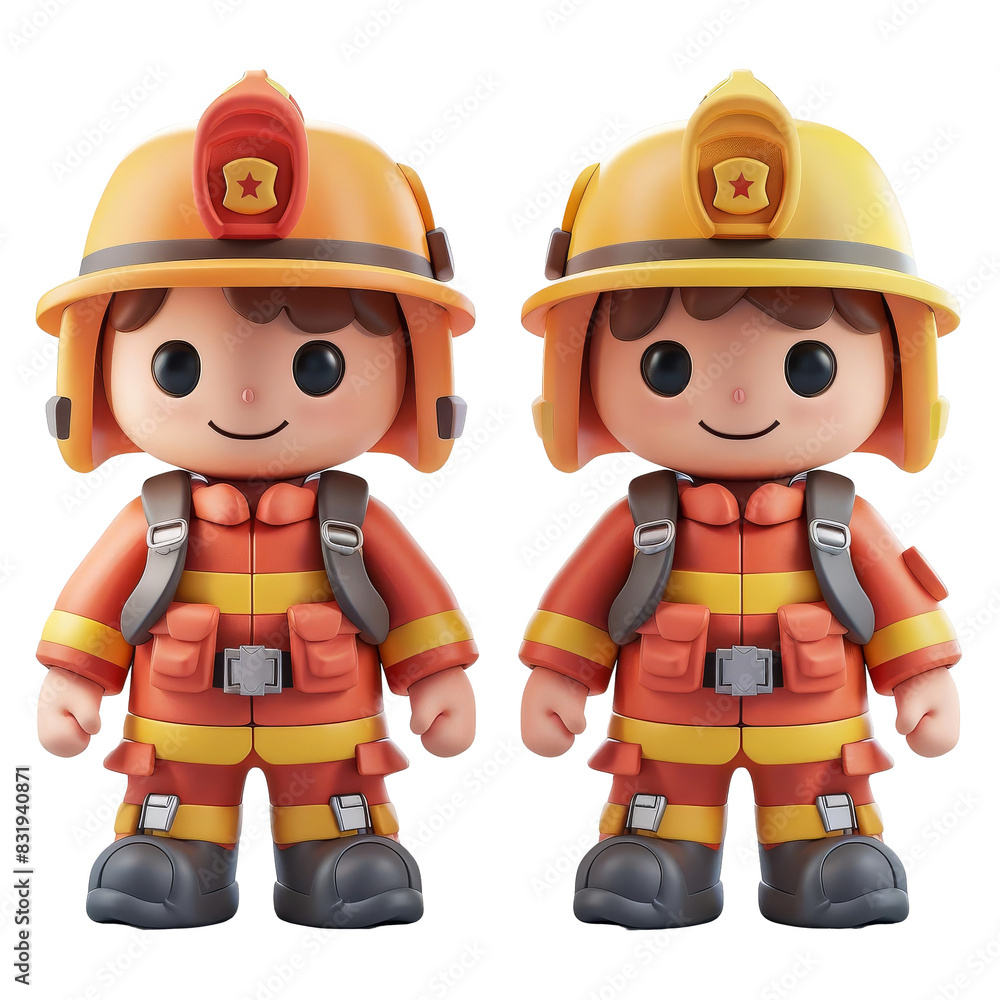 Two toy firefighter figures wearing yellow helmets and orange uniforms, smiling and standing side by side, isolated on a white background. isolated on a transparent background. Two toy firefighter figures wearing yellow helmets and orange uniforms, smiling and standing side by side, isolated on a white background. isolated on a transparent background.