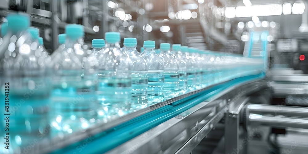 Interior of a bottling plant featuring a blue conveyor belt for juice production line. Concept Manufacturing Process, Conveyor Belt System, Industrial Machinery, Juice Production, Bottling Plant