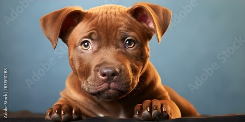 Adorable red nose pitbull puppy posing and making eye contact with camera in studio. Concept Pets Photography, Studio Portraits, Eye Contact, Red Nose Pitbull, Adorable Poses