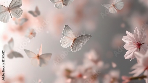 A serene backdrop of pale pink and soft grey, with abstract butterflies floating tranquilly, creating a peaceful and relaxing atmosphere. photo