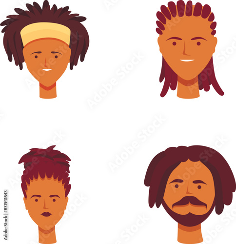 African people icons set cartoon vector. People with dreadlocks hairstyle. Fashion, beauty