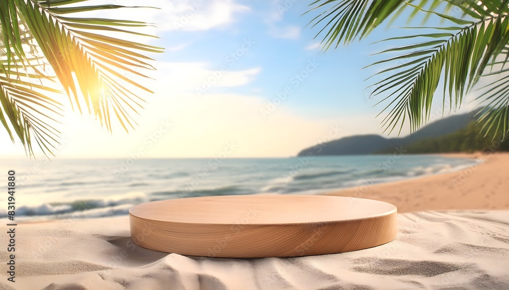 Fototapeta premium Beachy product showcase, summer, beach, podium, product display, 3D rendering