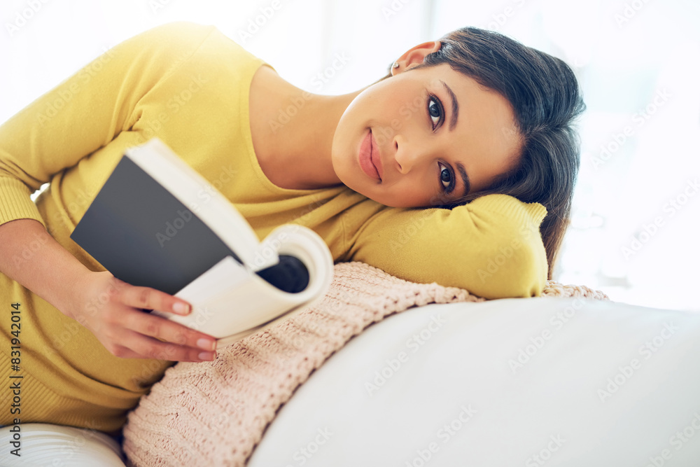 Woman, portrait and reading book on sofa for relax, knowledge or literature in living room. Student, leisure and gen z person with novel for story, information or studying on weekend break in home Woman, portrait and reading book on sofa for relax, knowledge or literature in living room. Student, leisure and gen z person with novel for story, information or studying on weekend break in home