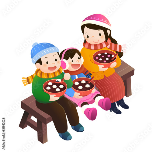 Parents and kid having glutinous rice ball on bench