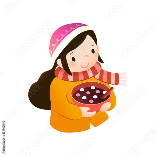 Girl having a bowl of glutinous rice ball