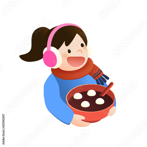 Girl holds a bowl of glutinous rice ball for lantern Festival