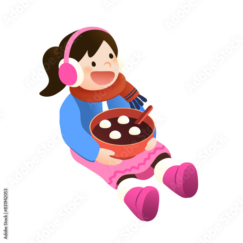 Girl sits and holds a bowl of glutinous rice ball for lantern Festival