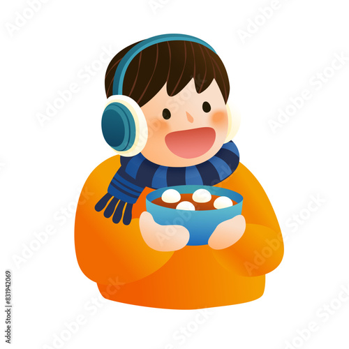 Boy holds a bowl of glutinous rice ball