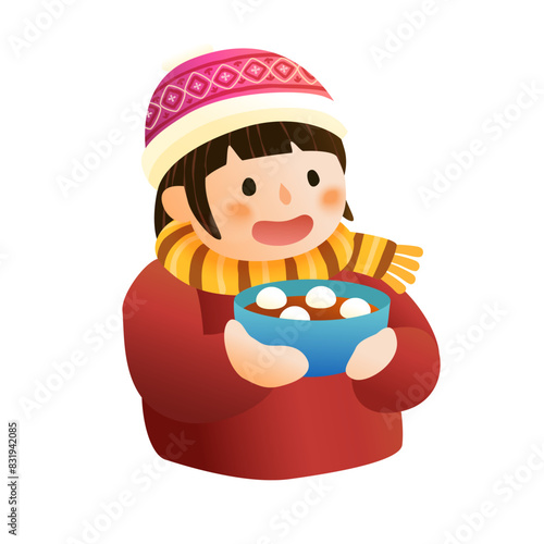 Girl holds a bowl of glutinous rice ball