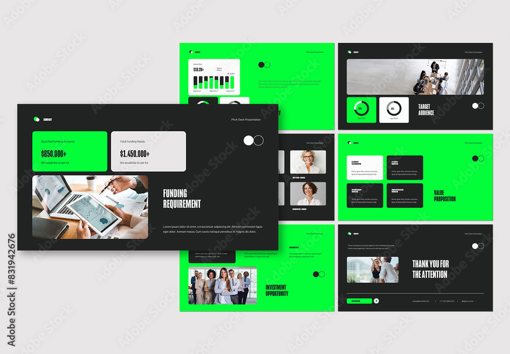 Black Green Modern Pitch Deck Presentation Stock Template | Adobe Stock