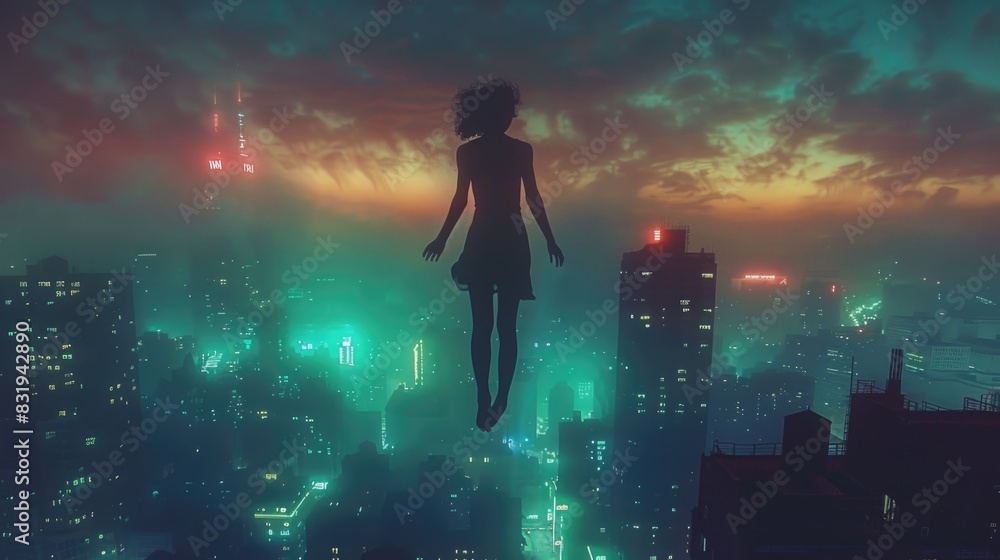 Woman flying over city at night Woman flying over city at night