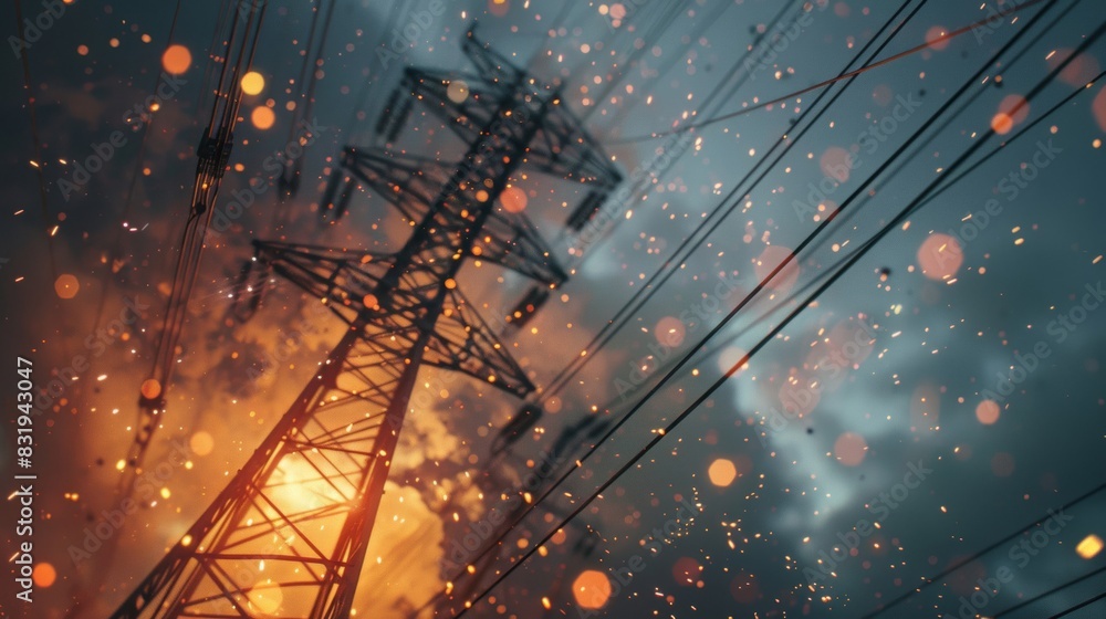 Fototapeta premium Electrical distribution with poles and wires lit up with sparks
