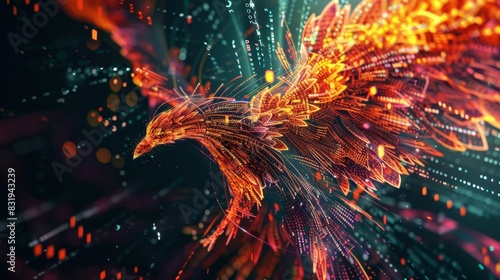 An artistic interpretation of a phoenix made up of numbers and coding languages representing the innovative nature of digital currency.