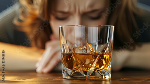 A glass of alcohol in focus, on the background of an addicted woman who put her head on the table from intoxication. The concept of alcohol dependence and alcoholism photo