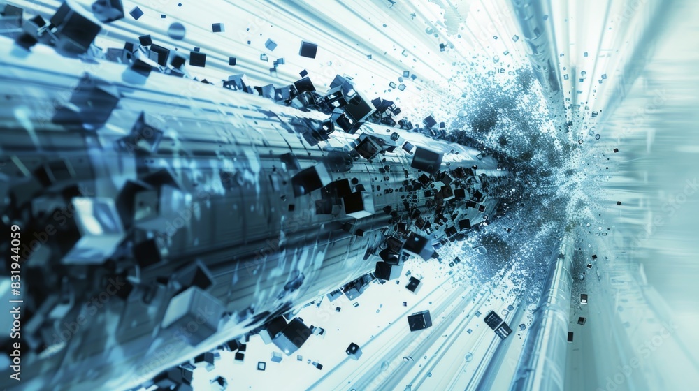 Fototapeta premium A broken pipeline with bursts of data spilling out and contaminating the digital environment.