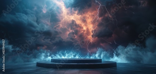 Dramatic surreal stage amidst stormy clouds and lightning, evoking powerful emotions and awe-inspiring atmosphere, perfect for creative projects.