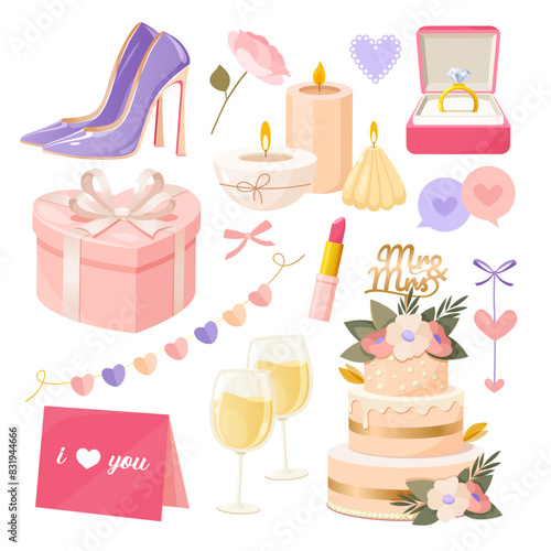 Cute collection of cartoon vector wedding elements includes high heels shoes, holiday cake, gift box, candles, lipstick, champagne glasses.
