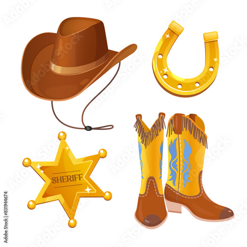Wild west icons set includes golden horseshoe, cowboy hat and boots, sheriff badge isolated on white background.

