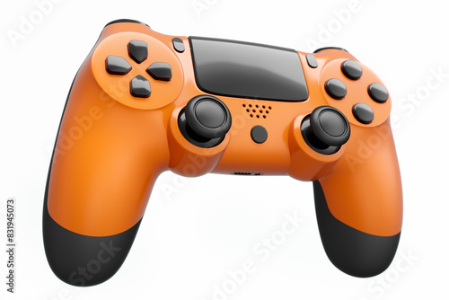 Realistic orange video game joystick or gamepad on white background