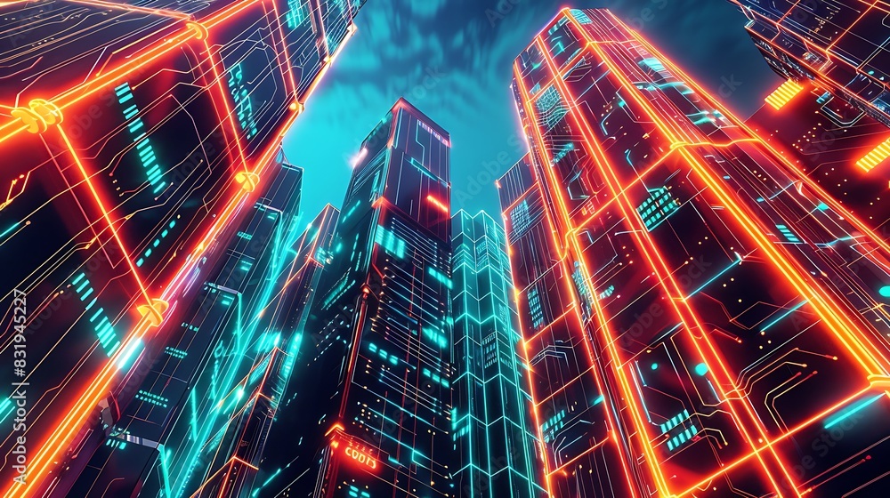 Obraz premium A circuit board cityscape, where neon skyscrapers pulse with data traffic, their windows glowing in sync
