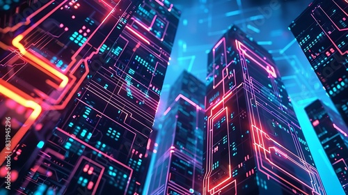 A circuit board cityscape, where neon skyscrapers pulse with data traffic, their windows glowing in sync