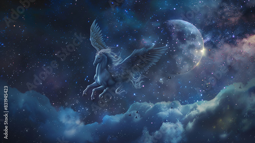 Flying pegasus in the night sky