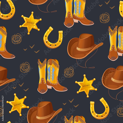 Wild west vector seamless pattern includes golden horseshoe, cowboy hat and boots, sheriff badge.
